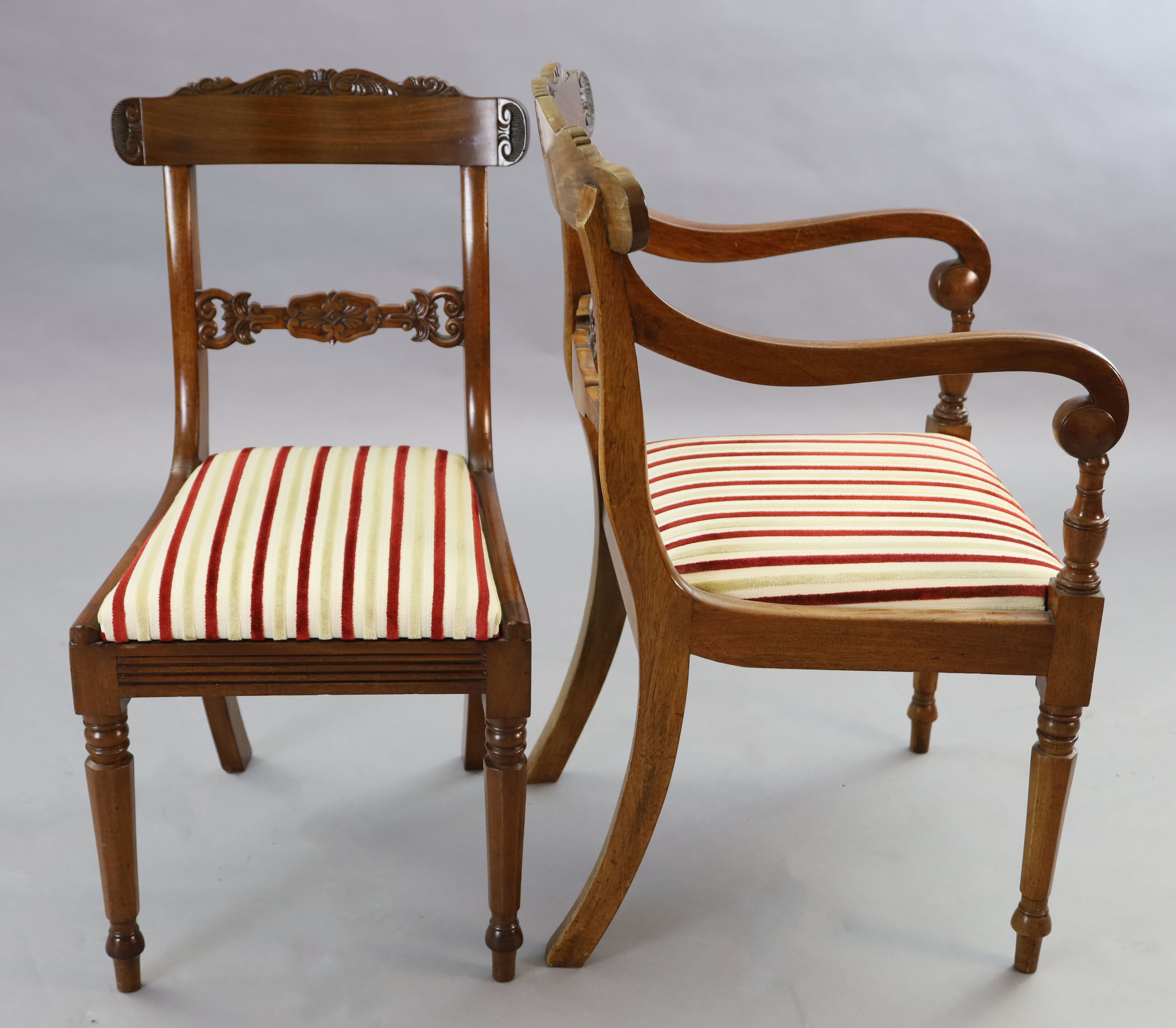 A set of ten William IV mahogany dining chairs including two carvers, carvers W.1ft 8in. H.2ft 11.5in.